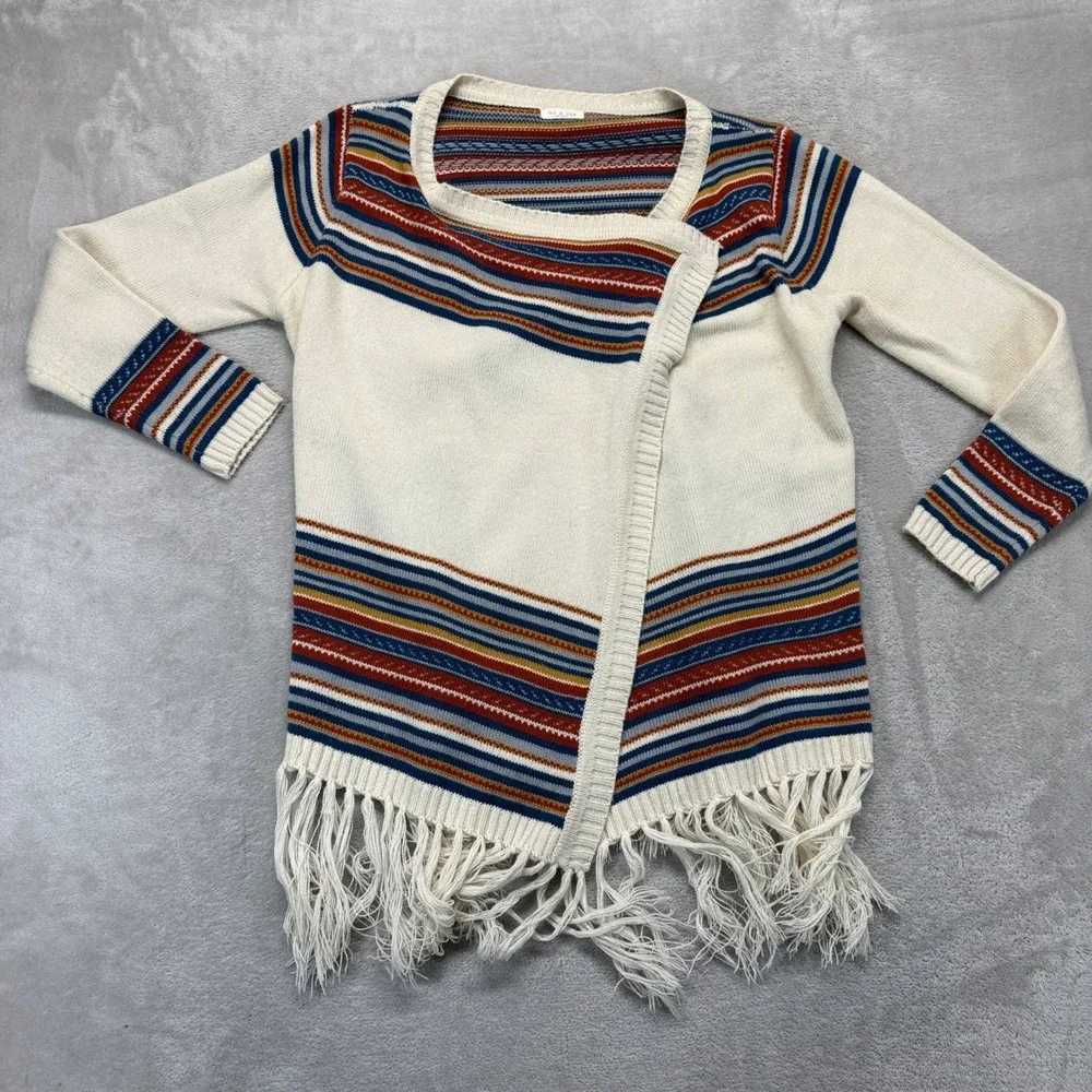 Tea & Cup Sweater Women's One Size Cardigans Cream Blue Rust Striped Fringe Boho